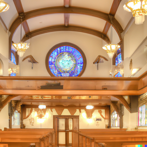 Inside of a synagogue with a stained glass window, ornate warm lights hanging from the ceiling, and wooden pews